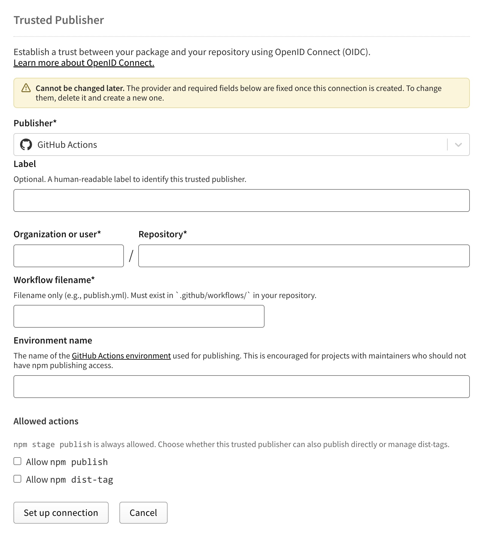 Screenshot of GitHub Actions multiple trusted publisher configuration form