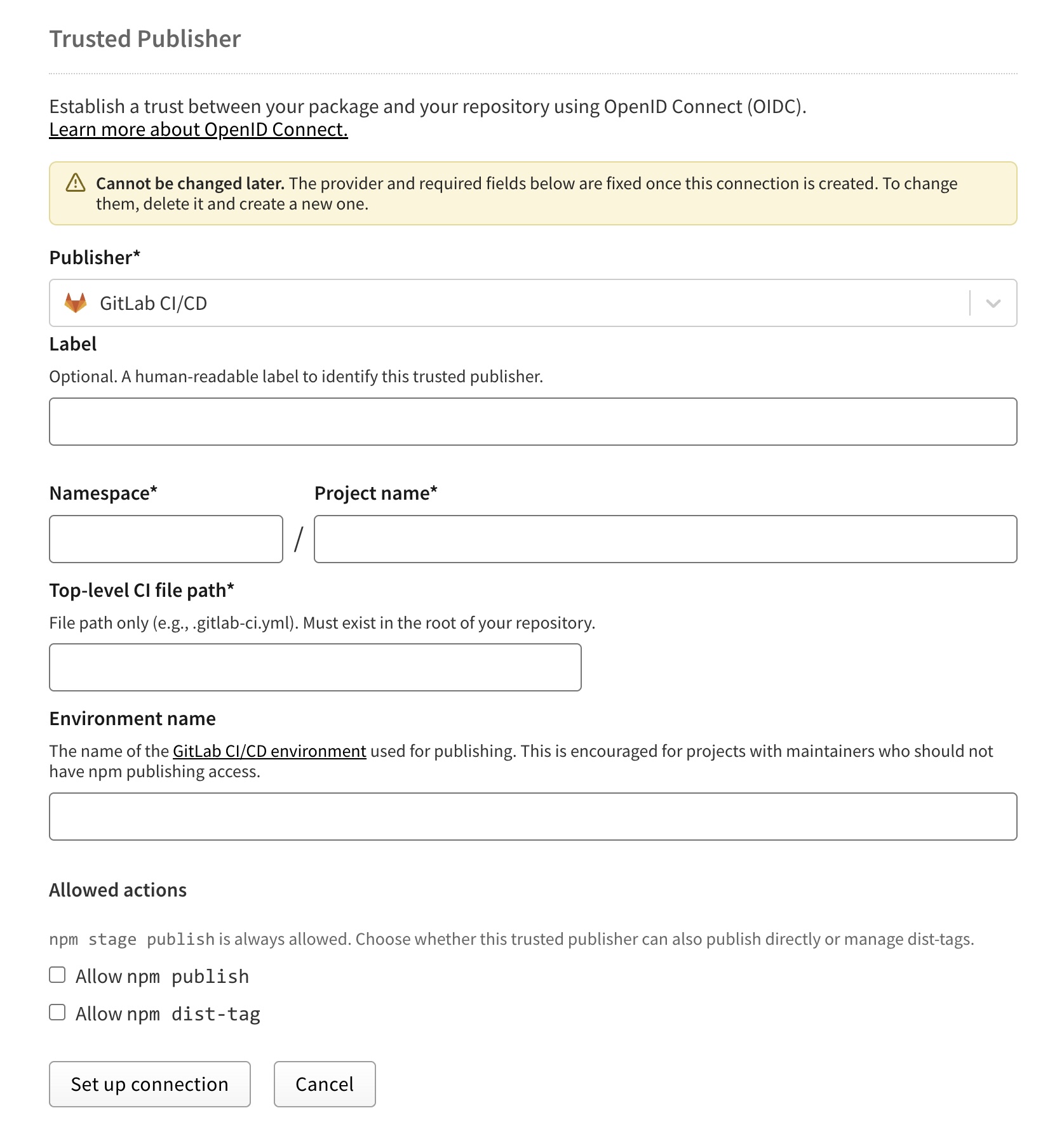 Screenshot of GitLab CI/CD multiple trusted publisher configuration form